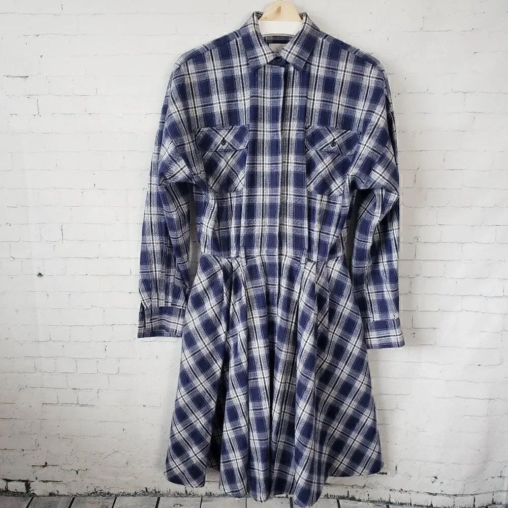 Norma Kamali Flannel Plaid Shirt Dress Size S / 27" Waist Blue White A-Line